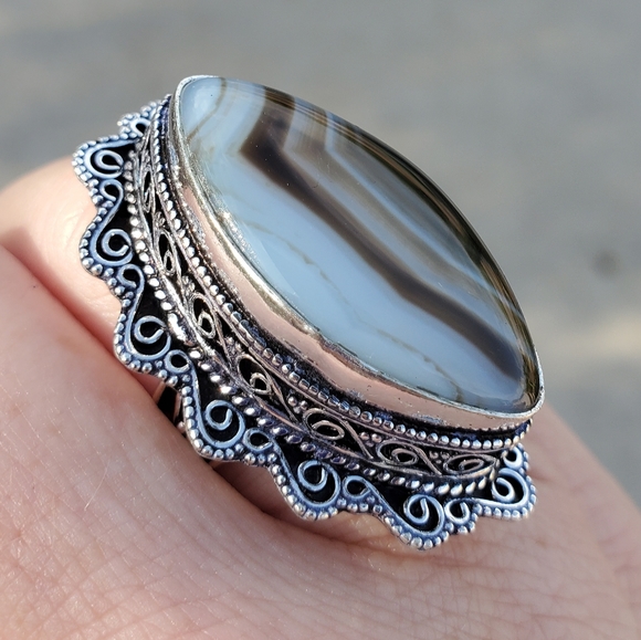 New Huge Botswana Agate Antique Design 925 Silver Statement Ring. - Picture 2 of 16